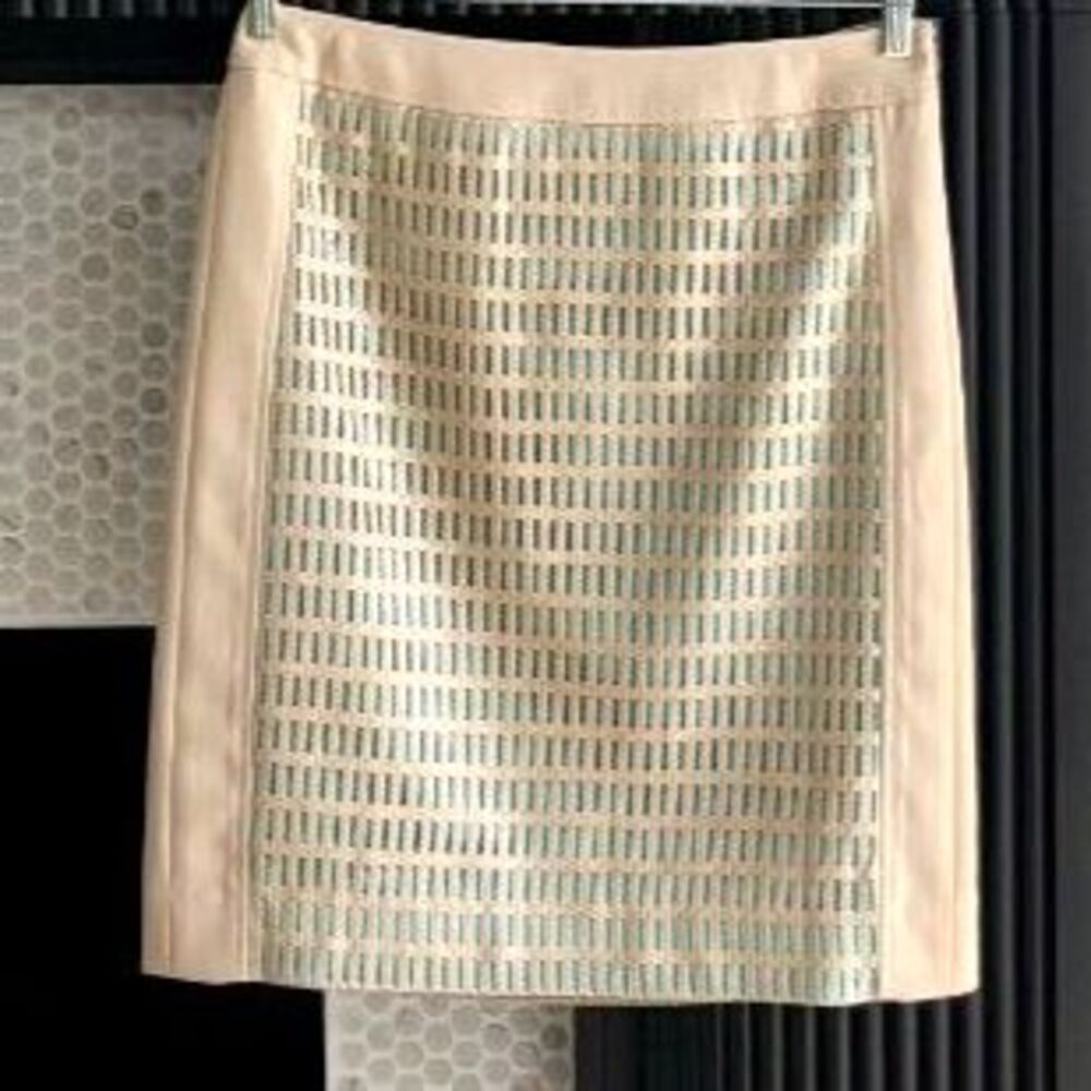 per se Tan Crochet Cutout Pencil Skirt Teal Turquoise Blue Overlay Lining 6